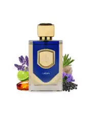 liam blue shine perfume bottle surrounded with amber and citrus against white background