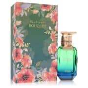Elegant floral perfume bottle with green and blue gradient, gold cap, and floral packaging.