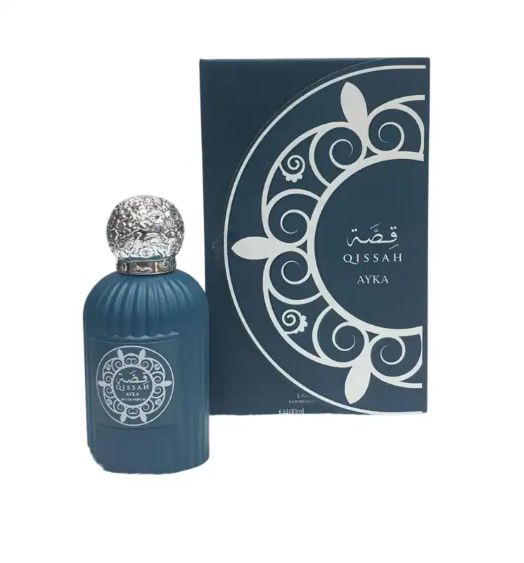 Elegant Qissah Ayka 100ml perfume bottle with decorative cap and matching packaging.