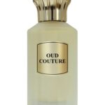 Oud Couture perfume bottle with gold cap, luxury fragrance for men and women.