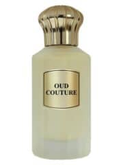 Oud Couture perfume bottle with gold cap, luxury fragrance for men and women.