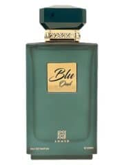 Blue Oud perfume bottle with elegant design and gold accents.