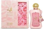 Fatima Pink perfume bottle with pink roses and elegant packaging.