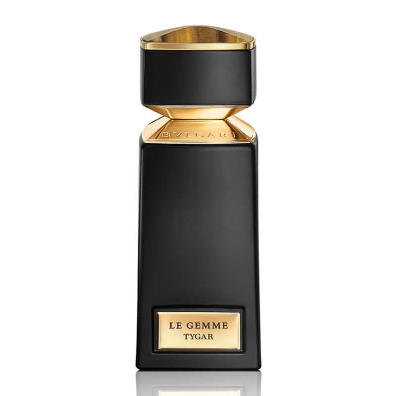 Bvlgari Le Gemme Tygar perfume bottle with black and gold design, sample decant for testing.