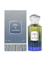 Blue by Ahmed Al Maghribi fragrance in a stylish bottle with a gradient blue-green color and elegant.