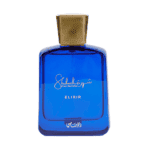 Blue perfume bottle with gold cap and Arabic script.