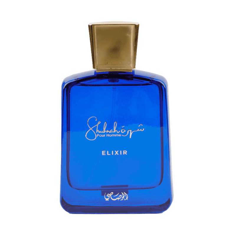 Blue perfume bottle with gold cap and Arabic script.