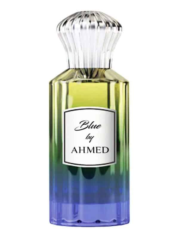 Elegant Blue perfume bottle by Ahmed Al Maghribi with a colorful gradient design.