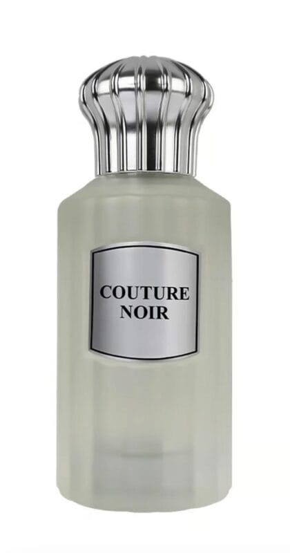 Couture Noir perfume bottle with silver cap, luxury fragrance for women.