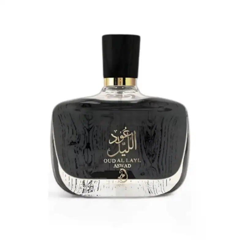 Elegant Oud Al Layl Aswad perfume bottle with Arabic script and black finish.