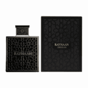 Obsidian by Rayhaan perfume bottle with intricate black design.