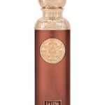 Elegant La Luna perfume bottle with intricate gold detailing and a warm amber hue.