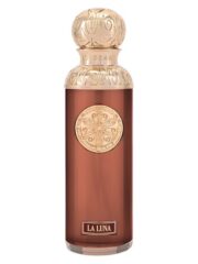 Elegant La Luna perfume bottle with intricate gold detailing and a warm amber hue.
