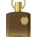 Supremacy In Oud perfume bottle with gold accents and bold design.