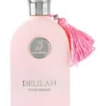 Delilah perfume bottle with pink color and tassel, 100ml size.