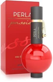 Perla Passion perfume bottle with elegant red and black design, perfect for women.