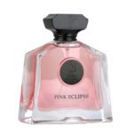 Pink Eclipse perfume bottle with pink liquid and black cap, luxury fragrance for women.