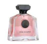 Pink Eclipse perfume bottle with pink liquid and black cap, luxury fragrance for women.