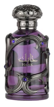 Elegant Pinnace perfume bottle with intricate black and purple design.
