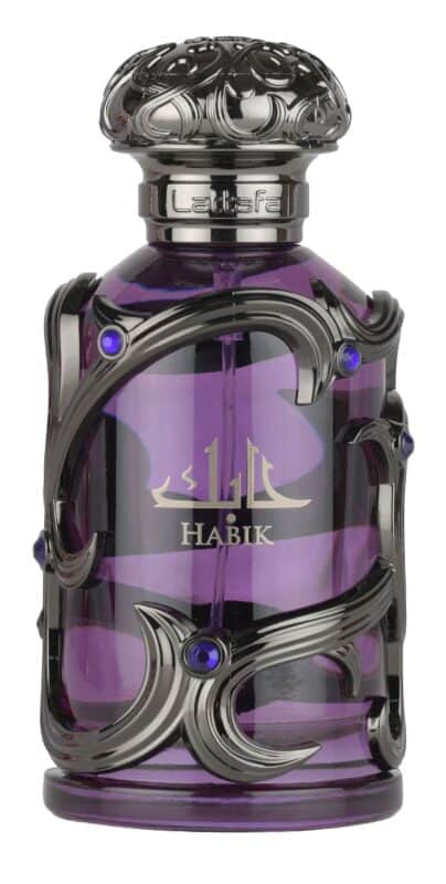 Elegant Pinnace perfume bottle with intricate black and purple design.