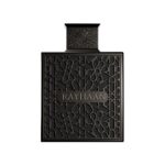 Obsidian Rayhaan perfume bottle with intricate black design.