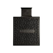 Obsidian Rayhaan perfume bottle with intricate black design.