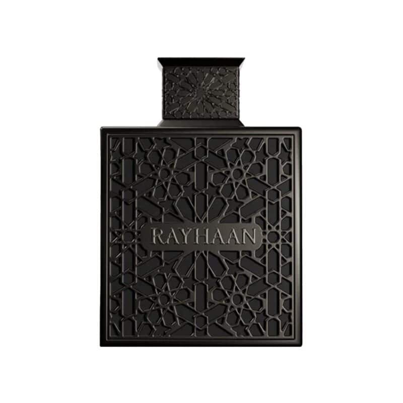 Obsidian Rayhaan perfume bottle with intricate black design.