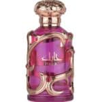 Elegant perfume bottle with pink and gold accents, luxurious design for women.