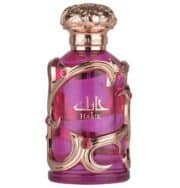 Elegant perfume bottle with pink and gold accents, luxurious design for women.