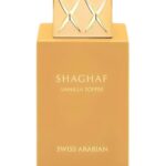 Perfume bottle of Swiss Arabian Shaghaf Vanilla Toffee fragrance, featuring a sleek gold cap and war.