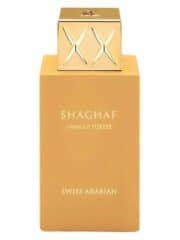Perfume bottle of Swiss Arabian Shaghaf Vanilla Toffee fragrance, featuring a sleek gold cap and war.