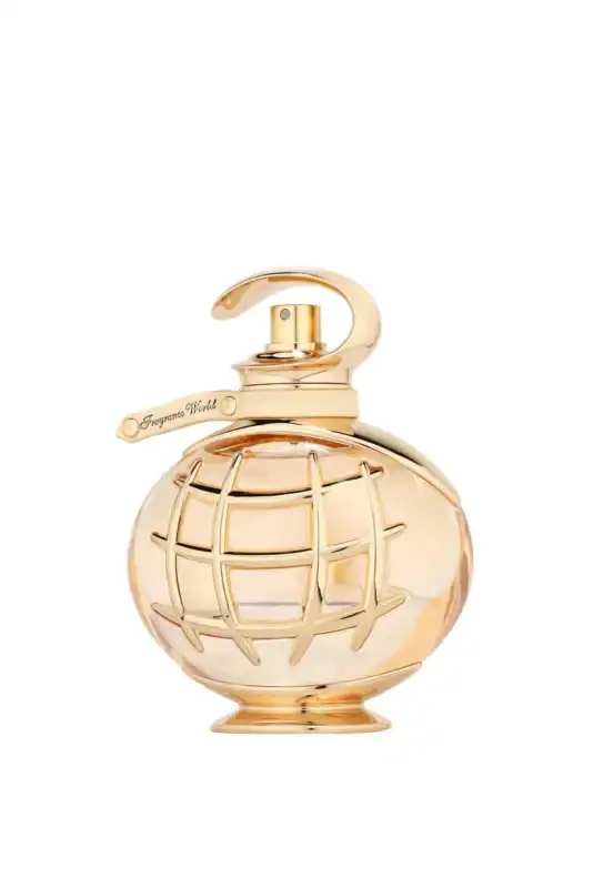 Signature Pearl perfume bottle with gold finish and globe design.