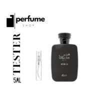 Hawas Kobra Rasasi perfume tester decant for men, 5ml, with sleek black bottle and sample spray.
