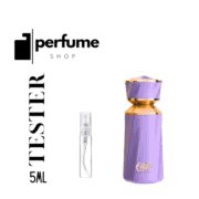 Elegant purple perfume bottle with gold accents, perfect for women.