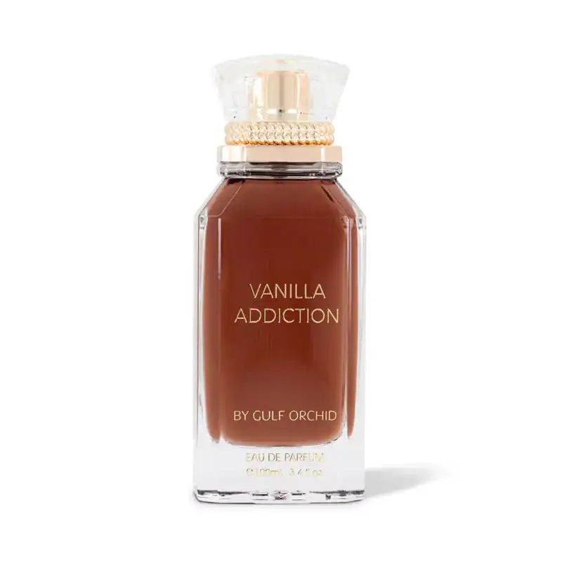 Elegant Vanilla Addiction perfume bottle with gold accents.