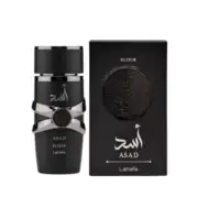 Elixir perfume by Lattafa, 100ml, for men and women. Elegant black bottle with silver accents and di.