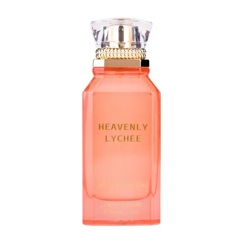Elegant Heavenly Lychee perfume bottle with gold accents and clear cap.