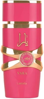 Yara Candy by Lattafa perfume bottle, pink with gold accents, 100ml size.