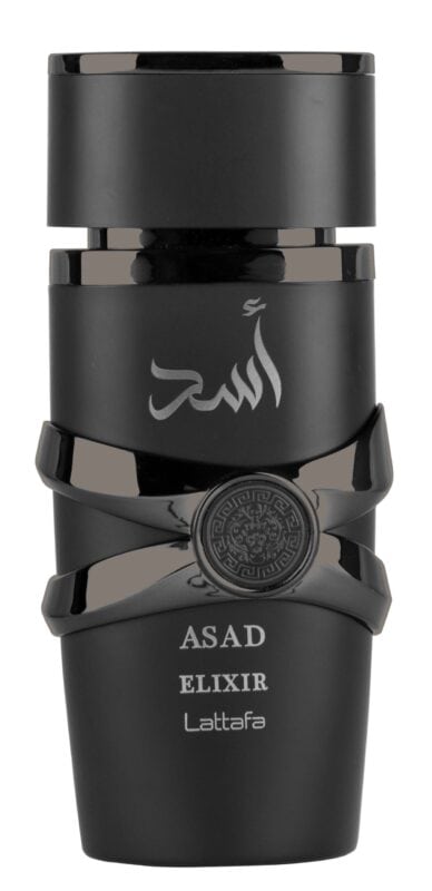 Asad Elixir by Lattafa 100ml perfume bottle, black design, luxury fragrance.