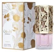Elegant floral perfume bottle with gold accents for women.