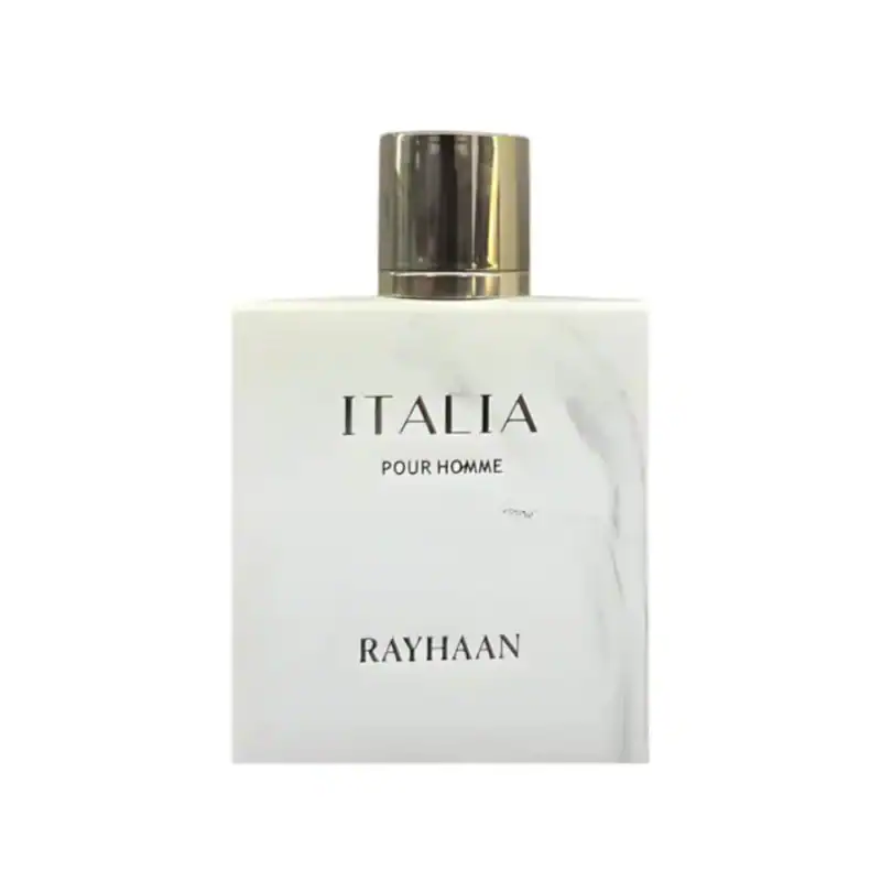 Elegant Italy Pour Homme Rayhaan 100ml fragrance in a sleek white bottle with silver cap.